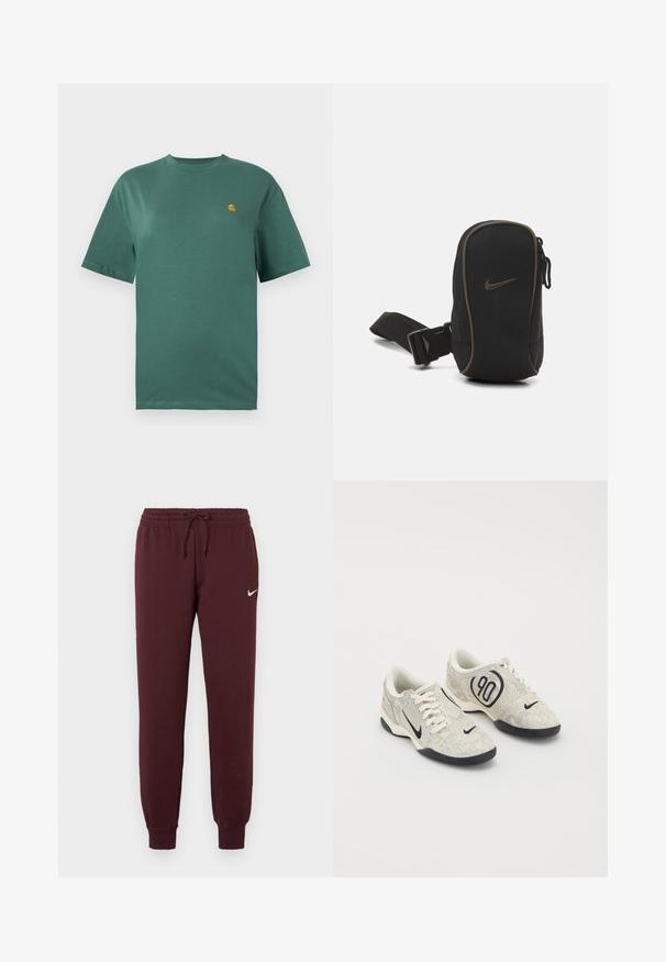 Teal bomulds t-shirt med korte ærmer, rund hals og et lille gult logo på venstre bryst. Glat tekstur og afslappet pasform.; Bordeauxfarvede sweatpants med elastisk talje og snor. Har ribbede mansjetter og et lille hvidt Nike-logo på venstre lår. Glat tekstur.; Nike sneakers med en beige og grå tekstureret overdel, sorte accenter, et stort "90" logo og en hvid snørebåndslukning. Sort sål.; Sort Nike-pung med lynlås, struktureret stof, brune accenter og en aftagelig rem. Har et fremtrædende Nike-logo på forsiden.