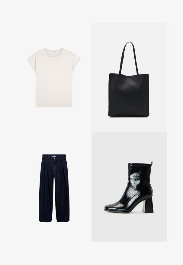 Krémové bavlněné tričko s krátkými ohrnutými rukávy, kulatým výstřihem a malým vyšitým logem na hrudi. Měkká, hladká textura a uvolněný střih.; Tmavě modré rozšířené kalhoty z denimu s přehyby v pase, vybavené předním knoflíkem a poutky na opasek. Hladká textura a design v plné délce.; Černé lakované kotníkové boty se čtveratou špičkou a masivním geometrickým podpatkem. Disponují hladkým, lesklým vzhledem a zadním poutkem pro snadné obutí.; Černá kožená taška přes rameno s hladkým povrchem, obdélníkovým tvarem a dvěma dlouhými uchy. Žádné viditelné kování ani ozdoby.
