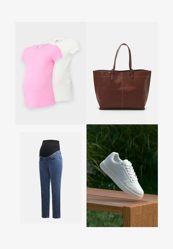 Două tricouri de maternitate în roz și alb, din material ribflat, cu mâneci scurte, marginile căptușite și decolteu rotund.; Jeans de maternitate cu picioare din denim albastru și un panou abdominal elastic negru, conceput pentru a susține și a acoperi o burtă în creștere.; Sneaker alb cu un upper sintetic neted, cu vârf perforat, șireturi plate și o talpă texturată, expus pe o suprafață de lemn.; Geantă de tote din piele maro cu mânere duble, dotată cu cusături contrastante și un design spațios, potrivită pentru utilizarea zilnică.