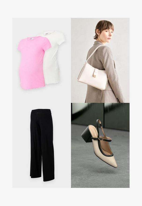 Dve tehotenské tričká v ružovej a bielej farbe, obe z rebrového materiálu, krátke rukávy, s volánovými okrajmi a okrúhlym výstrihom.; Čierne široké nohavice s elastickým pásom a hladkým, pružným povrchom. Majú jednoduchý dizajn, bez vzorov alebo ozdôb.; Béžová lodička so špicatou špičkou, s čiernym lemom, zlatou prackou a robustným blokovým podpätkom na šedom podlahe s tmavozeleným pozadím.; Biely kožený kabelka so štruktúrovaným dizajnom, s magnetickým uzáverom a ramenným popruhom, vystavená na neutrálnom pozadí.