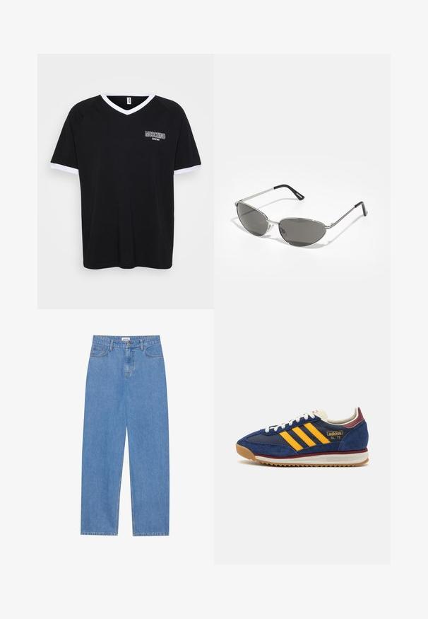 T-shirt preta com decote em V e acabamento branco, apresentando um pequeno logotipo no lado esquerdo do peito. Feita de tecido suave com um corte descontraído.; Jeans de denim azul claro com corte reto, design de cinco bolsos, fecho com um único botão e detalhes de costura subtil nas costuras.; Sneaker de camurça azul-marinho com riscas amarelas, atacadores brancos e realces em bordeaux. Sola texturizada com relevos para aderência. Logótipo da marca de lado.; Óculos de sol com uma estrutura metálica prateada elegante, lentes cinzentas e um design aerodinâmico com bordas pontiagudas e hastes finas.