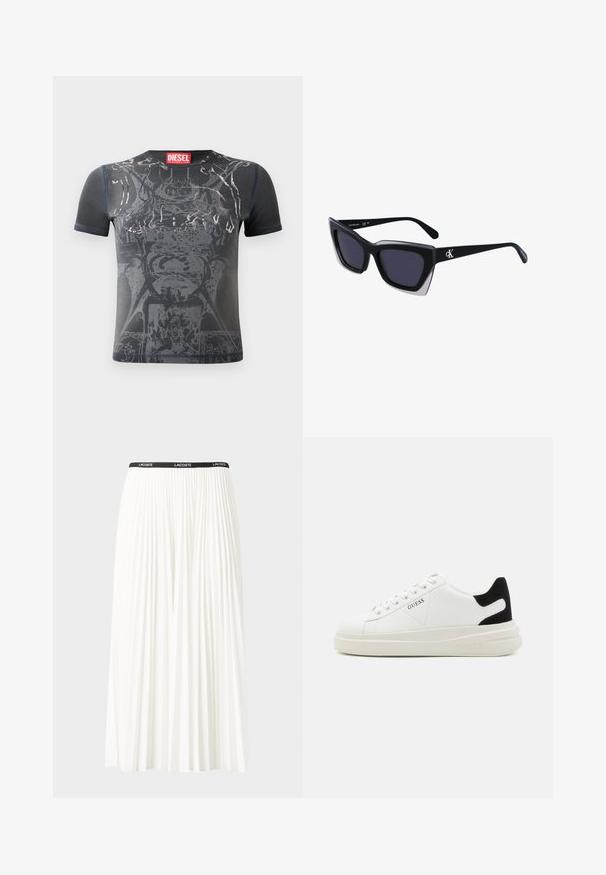Čierne tričko s krátkym rukávom s grafickým potlačou so striebornými akcentmi a textúrovaným povrchom. Okrúhly výstrih a šité detaily sú prítomné.; Plisovaná biela sukňa s čiernym elastickým pásom s logom "LACOSTE". Sukňa je stredne dlhá a má mäkkú textúru.; Biele kožené tenisky s hrubou bielou podrážkou, čiernym zamekom na päte a vyrazeným logom na boku. Šnurovací dizajn so šiestimi očkami.; Čierne oversized slnečné okuliare s geometrickým tvarom, s tmavými šošovkami a kontrastným šedým detailom na ráme. Logo na mostíku.