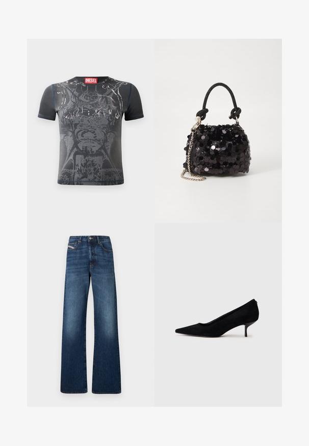 Fekete, rövid ujjú póló ezüst színű díszítéssel és texturált felülettel. Kerek nyakkivágás és varrott részletek találhatók rajta.; Sötétkék farmer széles szárú nadrág, magas derékrésszel, öt zsebbel és kontrasztos varrással az oldalsó varratok mentén.; Fekete velúr magassarkú cipő hegyes orral és vékony, alacsony sarokkal. Simább textúrájú, letisztult dizájn, amelyen nincsenek látható fém alkatrészek.; Fekete flitteres mini kézitáska csomózott textúrájú pánttal és ezüst lánccal. Lekerekített forma, ráncolt tetejével és fényvisszaverő részletekkel.