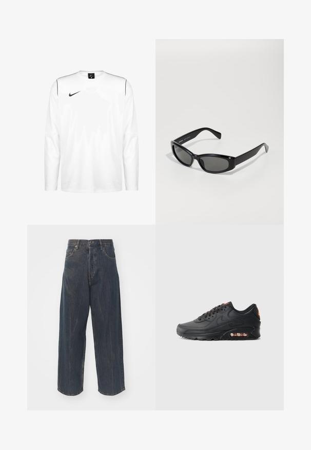 Dlouhý rukáv bílého trička Nike vyrobeného z syntetické tkaniny; má černé logo na přední straně a tenké černé akcenty podél ramen.; Široké tmavě modré džínové kalhoty s jemně obnošenou texturou, pěti kapsami a klasickým zapínáním na knoflík a zip v pase.; Tenisky Nike Air Max 90 s černým syntetickým svrškem, texturovaným povrchem, šněrováním, viditelnou vzduchovou jednotkou a oranžovým logem.; Černé sluneční brýle s tenkým obdélníkovým rámem, šedými tónovanými skly, hladkým plastovým povrchem a zakřivenými nohami. Bez viditelného značení.