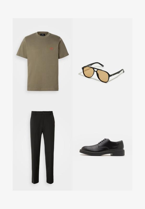 Oliivinvihreä puuvillapaita, jossa on pyöreä kaula-aukko, lyhyet hihat ja pieni punainen brodeerattu logo vasemmassa rintakehässä.; Mustat housut, jotka on valmistettu sileästä kankaasta, suoriin lahkeisiin, nappikiinnitykseen ja klassiseen muotoiluun, sopivat muodollisiin tai vapaa-ajan asuihin.; Mustat nahkasaappaat, joissa on pyöreä kärki, sileä pinta, minimaalinen ommel ja matala kumipohja. Logo kannassa.; Mustat aurinkolasit ruskeilla sävyillä; suorakaiteen muotoiset, joissa on paksu kehys ja hienovaraiset metallikoristeet varsissa.