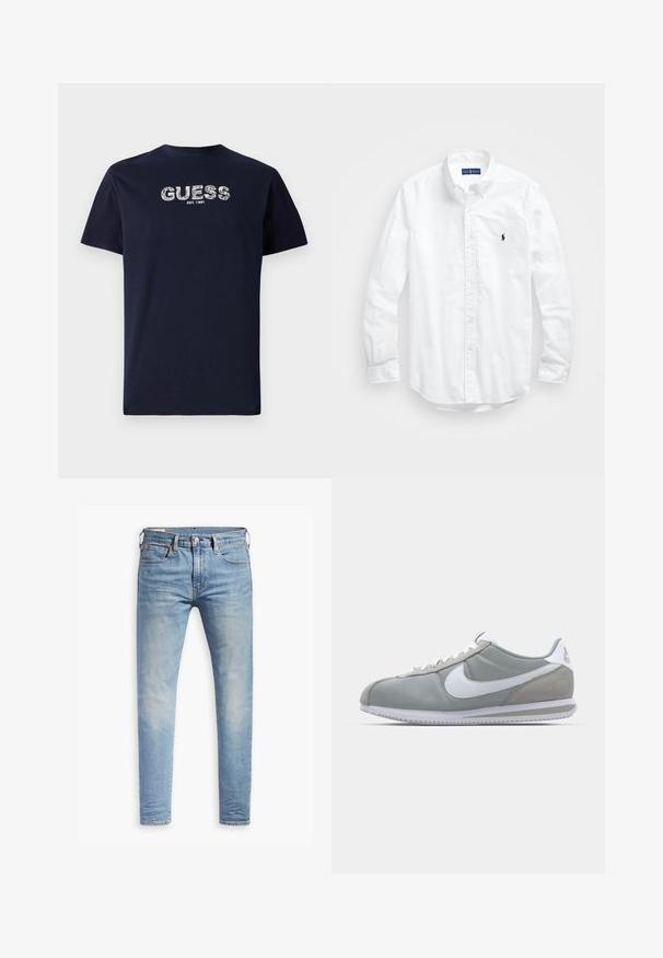 Tumed puuvillane t-särk lühikeste varrukatega, millel on sõna "GUESS" valges stiliseeritud kirjas ja allpool "EST. 1981". Lihtne, igapäevane disain.; Valge pikkade varrukatega kotitõmblusega särk puuvillast. Omab klassikalist kraed, nööpidega mansette ja väikest tumesinist tikandit rinnal.; Heledad hallidega helesinised kitsad teksad, millel on kerge kulumine reitel, ees nupuga sulgemine, vöölõngad ja viie taskuga stiil, valgel taustal.; Hallitus hallikets pro piletse ja teki, valge Nike swoosh ja valged paelad. Omab tekstuuriga kummitalda ja polsterdatud krae.