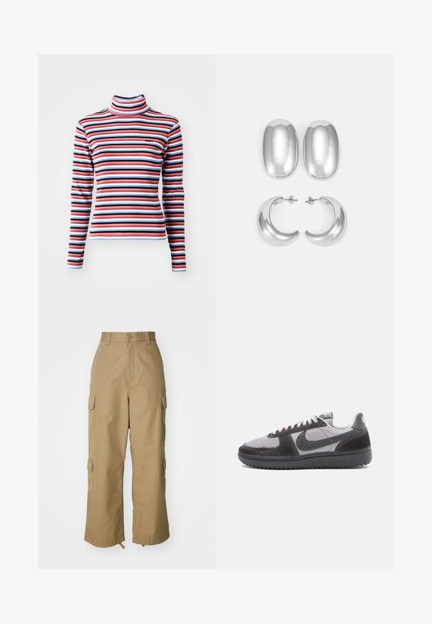 Rippstrick-Turtleneck-Oberteil mit horizontalen Streifen in Pink, Blau und Schwarz. Figurbetonte Passform mit langen Ärmeln und subtilen Logo-Details.; Beige Cargo-Hosen mit hoher Taille, weitem Bein und vier großen Seitentaschen. Aus strapazierfähigem Stoff mit glatter Textur und minimalen Details.; Niedrig geschnittene Sneaker aus grauem Mesh-Gewebe, mit schwarzen strukturierten Überzügen, schwarzer Sohle, weißen Schnürsenkeln und einem schwarzen Nike-Swoosh an der Seite.; Silberfarbener Ohrring-Satz: zwei ovale Stecker und zwei halbmondförmige Creolen, mit einer glänzenden, glatten Oberfläche und einem abgerundeten Design.