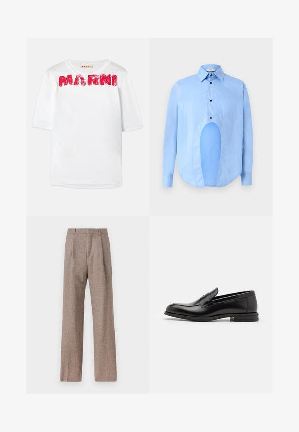 Biele tričko s krátkym rukávom a širokým okrúhlym výstrihom, s potlačeným logom "MARNI" v červenej farbe, s mierne textúrovanou látkou.; Svetlo modrá košeľa s dlhým rukávom a špicatým golierom, čiernymi gombíkmi a jedinečným výrezom vpredu pre osobitý dizajn.; Hnedé, vysoké nohavice vyrobené z texturovanej látky. Majú široké nohavice a dva predné záhyby pre štruktúru. Úhľadné spracovanie bez viditeľného kovania.; Čierne kožené mokasíny s hladkou textúrou, zaoblenou špičkou a dekoračným pásikom cez priehlavok. Nízky vrstvený opätok, minimalistický dizajn.