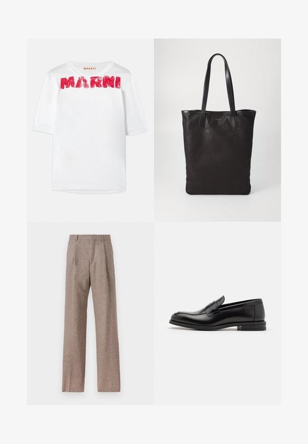 White short-sleeve t-shirt with a wide crew neck and printed "MARNI" logo in red, featuring a slightly textured fabric.; Light blue long-sleeve shirt with a pointed collar, black buttons, and a unique cutout in the front for distinctive design.; Brown, high-waisted trousers made of textured fabric. Features wide legs and two front pleats for structure. Neat finish with no visible hardware.; Black leather loafers with a smooth texture, rounded toe, and a decorative strap across the vamp. Low stacked heel, minimalist design.; Black canvas tote bag with black leather handles. Simple design, spacious body, and a smooth texture. No visible logos or patterns.