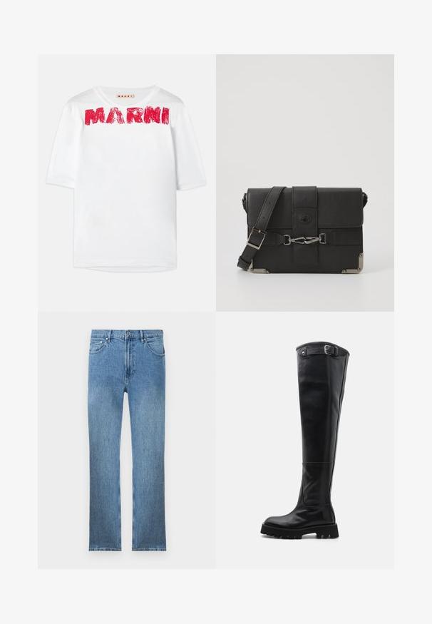 Λευκό κοντομάνικο μπλουζάκι με φαρδιά λαιμόκοψη και εκτυπωμένο λογότυπο "MARNI" σε κόκκινο, με ελαφρώς υφασμάτινη υφή.; Ανοιχτό μπλε τζιν παντελόνι με ίσια γραμμή, πέντε τσέπες, φερμουάρ και αντίθετη ραφή. Το ύφασμα έχει ομαλή, υφασμάτινη υφή.; Μαύρες δερμάτινες μπότες μέχρι το γόνατο με κομψό σχέδιο, που διαθέτουν υφή στην επιφάνεια, πλαϊνό κούμπωμα και χοντρή σόλα με ανάγλυφο σχέδιο.; Μαύρη δερμάτινη τσάντα messenger με υφή, μεταλλικά αξεσουάρ, ρυθμιζόμενο λουρί και καπάκι με λεπτομέρειες από πόρπες.