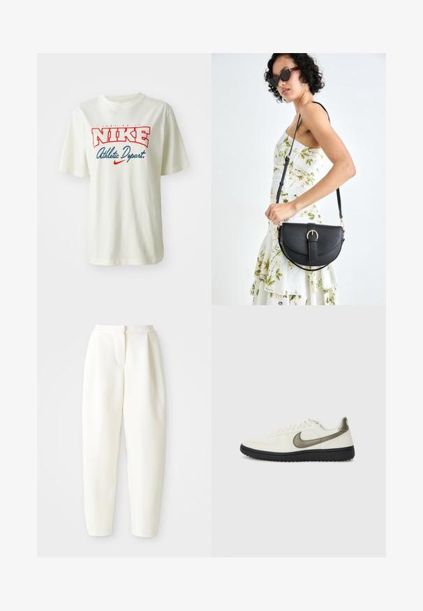 T-shirt de algodão branca com o logo "NIKE" em vermelho e azul, com o texto "Just Do It" acima e "Athletic Depart." abaixo, de mangas curtas e decote redondo.; Calças brancas de cintura alta e corte tapered com fecho frontal oculto e bolsos laterais, exibidas contra um fundo branco liso.; Nike Sportswear FIELD GENERAL - Sapatilhas - off-white/black; Bolsa de couro preta com forma curva, alça destacável e detalhes em dourado. A bolsa possui uma aba com detalhe de fivela.