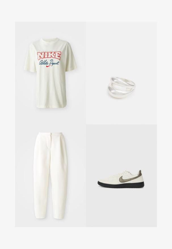 Biele bavlnené tričko s červeným a modrým logom "NIKE", s textom "Just Do It" nad ním a "Athletic Depart." pod ním, krátke rukávy, okrúhly výstrih.; Biele nohavice s vysokým pásom a zužujúcim sa strihom, s skrytým predným zapínaním a bočnými vreckami, vystavené na jednofarebnom bielom pozadí.; Nike Sportswear FIELD GENERAL - Tenisky - off-white/black; Strieborný prsteň s dvojitým pásikom s hladkým, lesklým povrchom. Má plynulý, zakrivený dizajn s prekryvajúcimi sa časťami pre moderný vzhľad.