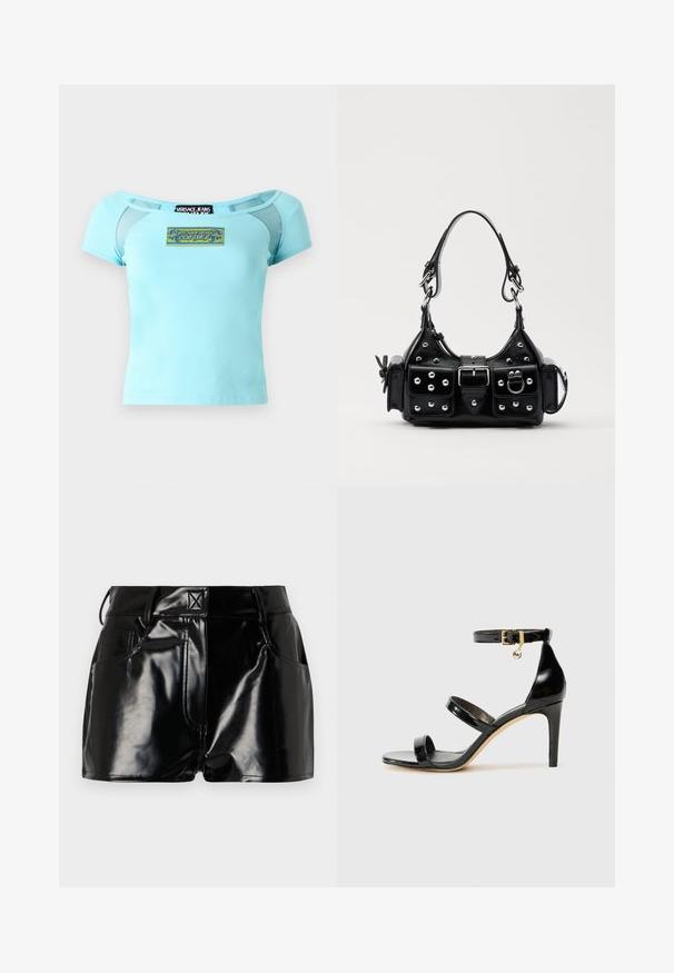 Γαλάζιο, κοντομάνικο μπλουζάκι με εφαρμοστή σχεδίαση. Διαθέτει πλέγμα στους ώμους και κεντημένο λογότυπο στο μπροστινό μέρος.; Μαύρο, γυαλιστερό σορτσάκι από συνθετικό υλικό. Διαθέτει εφαρμοστό μέσο, θηλιές ζώνης και μπροστινές τσέπες με έντονες ραφές.; Μαύρη λουστρίνι σανδάλι με τρεις λωρίδες, πόρπη στον αστράγαλο και τακούνι στιλέτο 10 εκ. Διαθέτει χρυσά μεταλλικά στοιχεία και λογότυπο.; Μαύρη δερμάτινη τσάντα χειρός με καμπύλο σχεδιασμό, που διαθέτει ασημένιους στρόφους, κούμπωμα και δύο πλευρικές τσέπες. Ρυθμιζόμενος ιμάντας για επιλογές μεταφοράς.