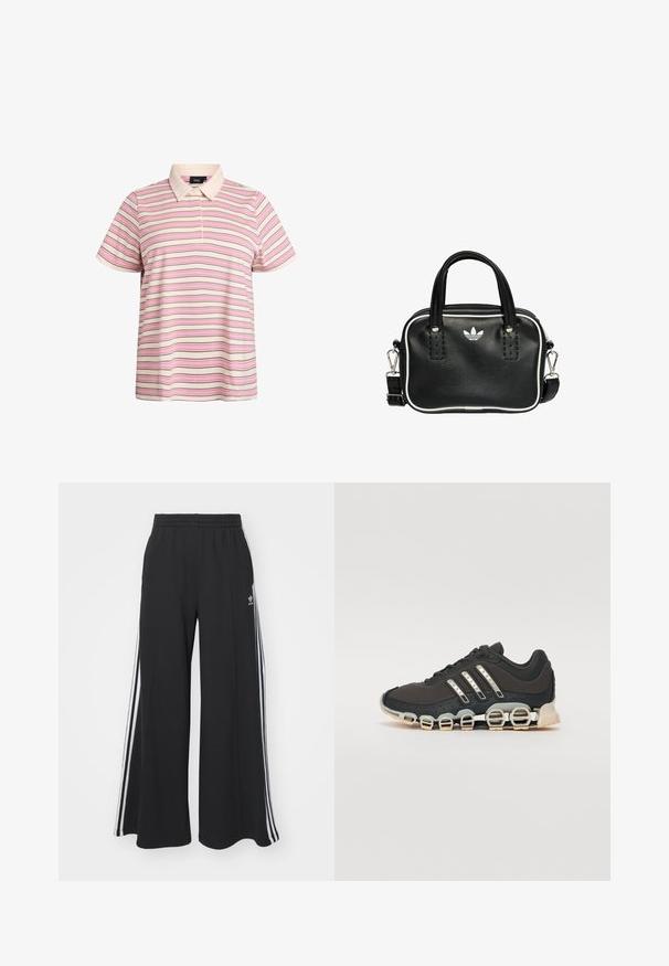 Polo a righe in crema, rosa e marrone. Maniche corte, colletto classico, patta con due bottoni. Tessuto liscio e leggero.; Pantaloni in felpa neri a gamba larga con vita elastica, dotati di strisce bianche sui lati e un logo ricamato sulla coscia sinistra.; Scarpa da ginnastica nera con tomaia testurizzata, tre strisce argentate e una suola ammortizzata distintiva con più sezioni integrate.; Borsa a mano in pelle nera con due manici corti, hardware argentato, dettagli bianchi e un logo bianco. Presenta una superficie strutturata e un design compatto.