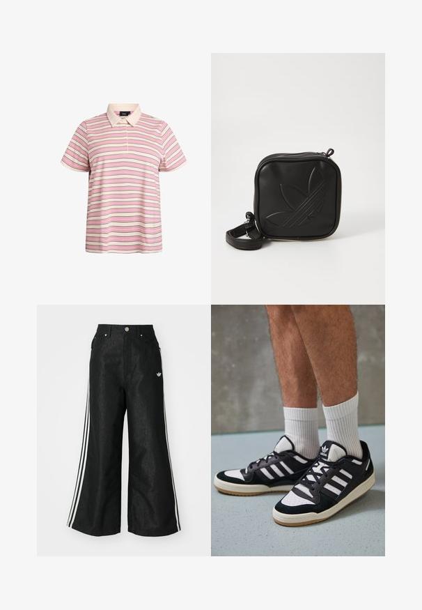 Polo a rayas en crema, rosa y marrón. Mangas cortas, cuello clásico, tapeta de dos botones. Tejido suave y ligero.; Pantalones de denim anchos y negros con tres franjas blancas en cada lado y un pequeño logo blanco. Cuenta con bolsillos frontales y un cierre de botón.; Zapatillas en blanco y negro con parte superior de ante y cuero, que presentan tres franjas blancas, una puntera perforada y una suela de goma.; Bolso cruzado negro hecho de material sintético texturizado. Presenta un diseño de logo en relieve y correa ajustable. Cierre con cremallera.