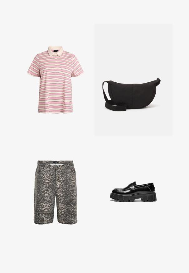 Stribet polo t-shirt i cream, pink og brun. Korte ærmer, klassisk krave, to-knaps lukning. Glat, letvægtigt stof.; Zizzi Denimshorts - leopard; Sorte læder loafers med kraftig gummisål, dekorativ strop over vristen og kontrasterende hvid syning. Glat tekstur med rund tå.; Sort skuldertaske med en rund silhuet. Lavet af tekstureret stof, med lynlåslukning og et vævet bånd. Enkel, minimalistisk design.