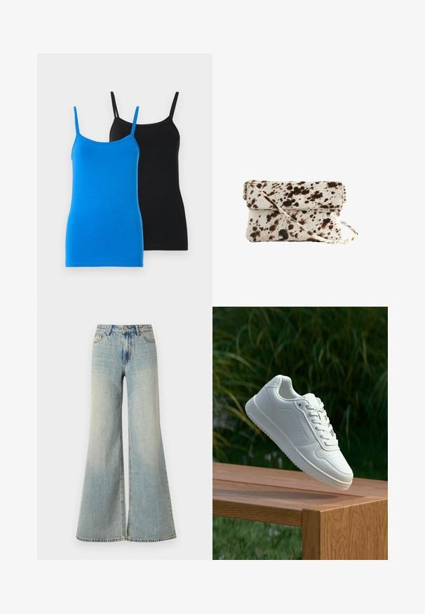 Cotton tank tops in blue and black. Both have thin straps and a fitted design. The blue top features a smooth texture, while the black top is solid.; Light blue wide-leg jeans with a high waist, featuring a faded finish, front pockets, and a subtle split at the bottom of the legs.; White sneaker with a smooth synthetic upper, perforated toe box, flat laces, and a textured sole, displayed on a wooden surface.; Cowhide handbag featuring a cream base with dark brown spots, rectangular shape, fold-over flap, and a detachable shoulder strap.