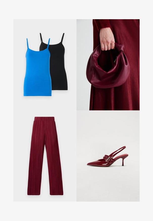 Bavlnené tielka v modrej a čiernej farbe. Obe majú tenké ramienka a priliehavý strih. Modré tielko má hladký povrch, zatiaľ čo čierne tielko je jednofarebné.; Bordové plisované nohavice s voľným strihom a elastickým pásom. Textúrovaná tkanina má vertikálne pruhy. Rovno strihané na okrajoch.; Červené lakované kožené sandále na podpätku s jemne špičatou špičkou, dvoma prackovými remienkami a štíhlym, stredne vysokým ihlovým podpätkom. Hladký povrch.; Burgundská kožená kabelka s mäkkým, zhromaždeným dizajnom a zaobleným tvarom. Rukoväť je pevne zaisťujúca a vystavuje hladkú textúru.