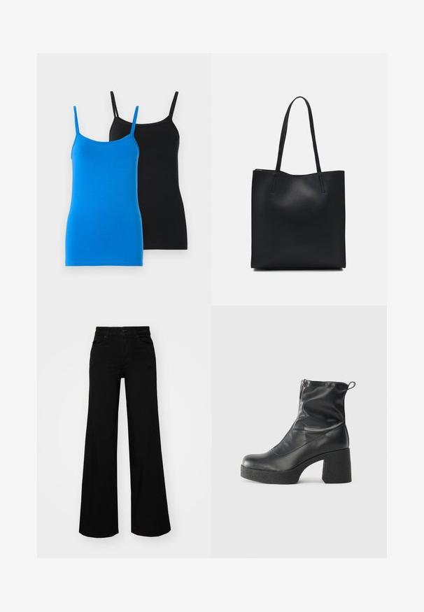 Camisetas de algodón sin mangas en azul y negro. Ambas tienen tirantes finos y un diseño ajustado. La camiseta azul presenta una textura suave, mientras que la negra es lisa.; Pantalones de mezclilla de pierna ancha y color negro, con una cinturilla estructurada, pasadores para cinturón y bolsillos frontales. Textura suave con un diseño clásico.; Botines negros de tobillo, hechos de cuero suave, con cierre lateral, tacón grueso texturizado y diseño de punta redondeada.; Bolso tote de cuero negro con textura lisa, forma rectangular y dos asas largas. Sin herrajes ni adornos visibles.