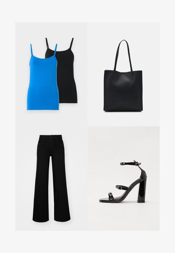 Kottontanker i blått og svart. Begge har tynne stropper og en tettsittende design. Den blå toppen har en glatt tekstur, mens den svarte toppen er ensfarget.; Svart vide bukser laget av denim, med en strukturert midjebånd, beltestropper og frontlommer. Glatt tekstur med et klassisk design.; Svart høyglans sandaler med hæl, firkantet tå, ankelremmer og sølvspenner. Har en kraftig blokkhæl for stabilitet.; Svart lær tote bag med glatt tekstur, rektangulær form og to lange håndtak. Ingen synlige deler eller dekorasjoner.