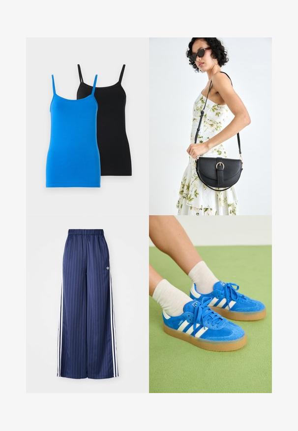 Tricouri fără mâneci din bumbac de culoare albastră și neagră. Ambele au bretele subțiri și un design ajustat. Tricoul albastru are o textură netedă, în timp ce tricoul negru este uniform.; Pantaloni largi de culoare albastru marin, cu dungi albe verticale, talie elastică și trei dungi albe de-a lungul fiecărei laturi, fabricați dintr-un material ușor.; Tenisi albaștri din suede cu dungi albe, talpă din cauciuc, vârf rotund și șireturi din material. Asortați cu șosete crem pe o suprafață verde.; Geantă din piele neagră, cu o formă curbată, curea detașabilă și accesorii aurii. Geanta are un capac cu un detaliu tip cataramă.