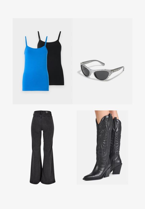 Cotton tank tops in blue and black. Both have thin straps and a fitted design. The blue top features a smooth texture, while the black top is solid.; Black flared jeans with a smooth texture, high waist, and a branded patch on the back. Features a wide leg design, reinforced stitching.; Black leather cowboy boots with intricate embossed designs, pointed toe, and chunky heel. Features stitched accents and pull tabs.; Silver cat-eye sunglasses with dark lenses, embellished with clear gem accents along the frame. Matte finish with curved temple design.