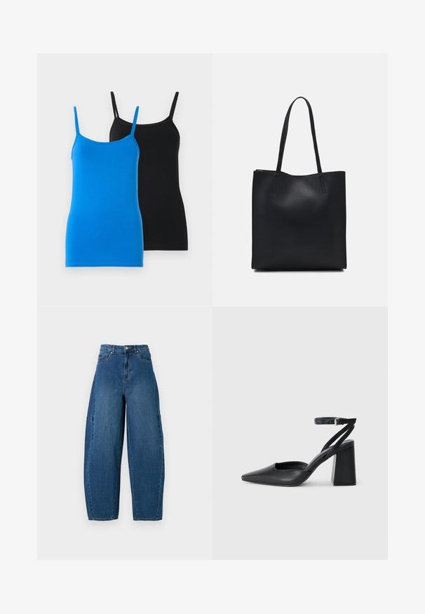 Camisetas de algodão sem mangas em azul e preto. Ambas têm alças finas e um design justo. A camiseta azul apresenta uma textura suave, enquanto a camiseta preta é sólida.; Denim jeans em um tom de azul médio, apresentando uma cintura alta, corte largo e design padrão de cinco bolsos com detalhes de costura visíveis.; Sandal com biqueira afilada em couro preto, com cinta no tornozelo e salto grosso. Textura lisa, design elegante e estética minimalista.; Bolsa tote preta em couro com textura lisa, forma retangular e duas alças longas. Sem hardware ou enfeites visíveis.