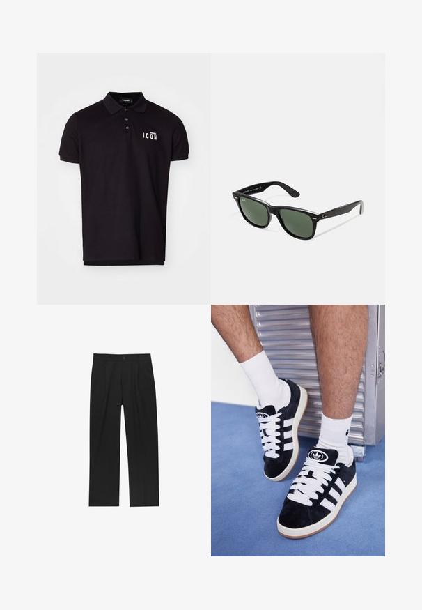 Schwarzes Poloshirt aus Baumwollmischung mit klassischem Kragen, drei Knöpfen und weißem "ICON"-Text auf der linken Brust. Glatte Textur, kurze Ärmel.; Schwarze Hose mit geradem Schnitt, aus einem glatten Stoff gefertigt. Verfügt über Vorderfalten und einen einzelnen Knopfverschluss an der Taille.; Schwarze Wildledersneaker mit weißen Schnürsenkeln und drei weißen Streifen. Verfügt über ein kreisförmiges schwarzes Logo auf der Zunge und eine Gummisohle.; Schwarze Plastiksonnenbrille mit grünen Gläsern, quadratischen Rahmen, silbernem Akzent auf der Augenbraue und strukturierten Bügeln. Angegebene Marke auf dem inneren Bügel.