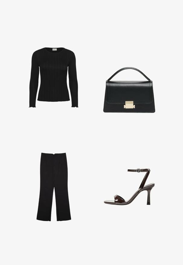 Black ribbed long-sleeve top with a round neckline and scalloped hem edges, made of a stretchy material for fitted wear.; Black trousers with a straight fit, featuring front pockets and side slits at the hem. Made of soft, smooth fabric. Suitable for various occasions.; Brown patent leather high-heeled sandal with an ankle strap, open toe, and a sleek, minimalist design. Features a square heel.; Black leather handbag with a structured design, top handle, and a gold metal clasp detail on the front. Smooth texture, minimal stitching.