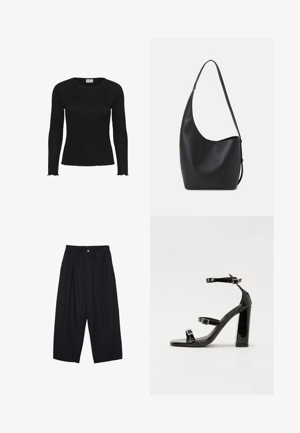 Musta ribattokattop pusero pitkillä hihoilla, pyöreällä kaula-aukolla ja aaltoilevilla helman reunoilla, valmistettu joustavasta materiaalista tiiviiseen istuvuuteen.; Musta polyesterinen culotte-housut, jossa on joustava vyötärö, kaksi etupleettiä ja löysä siluetti. Ei näkyviä kuvioita tai metallisia yksityiskohtia.; Musta kiiltävä korkokenkä sandaalit neliönmuotoisella varpaalla, nilkkaremmillä ja hopeisilla soljilla. Varustettu tukevalla lohkokorkealla vakauden takaamiseksi.; Musta nahkainen hobo-laukku, jossa on sileä pinta, kaareva muoto ja yksi säädettävä olkahihna; sisäänkäynti on leveä ylhäältä.