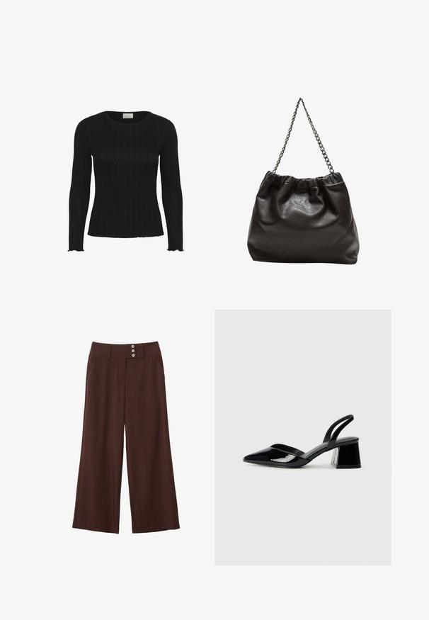 Čierny rebrovaný top s dlhým rukávom, okrúhlym výstrihom a scalloped okrajmi, vyrobený z elastického materiálu pre priliehavé nosenie.; Hnedé nohavice so širokými nohami vyrobené z hladkej tkaniny, s dvoma bočnými vreckami a pásom s tromi dekoračnými gombíkmi.; Čierne lakované kožené sandálové podpätky s špicatou špičkou a geometrickým blokovým podpätkom. Disponujú elegantným, minimalistickým dizajnom a hladkým povrchom.; Hnedá kožená taška so zberaným vrchom a reťazovým popruhom. Hladký povrch s lesklým finišom a jemným švom po stranách.