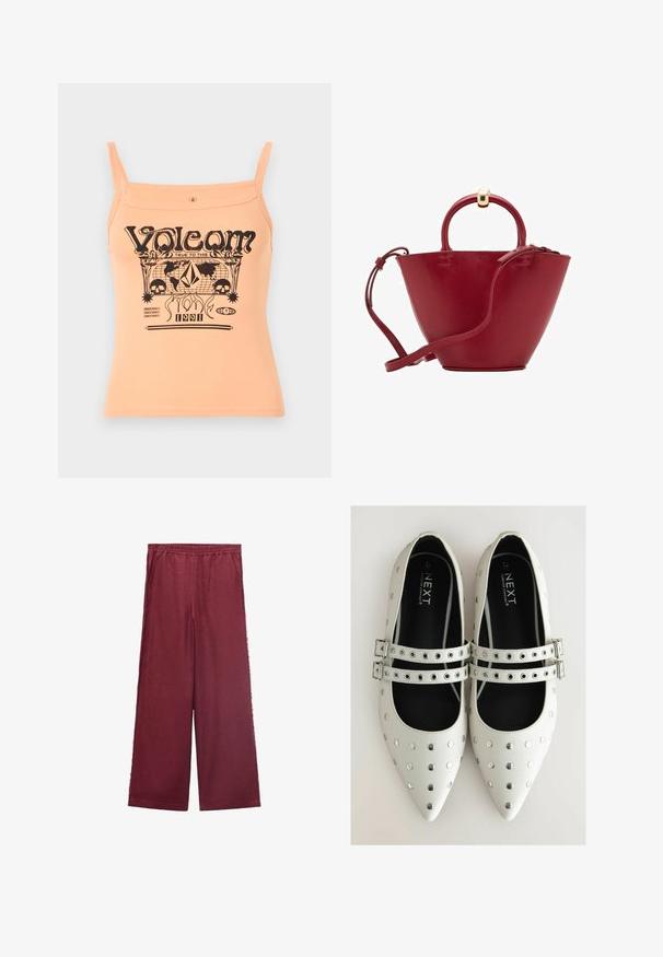 Breskva majica bez rukava s tankim trakama koja sadrži crni grafički otisak branda "Volcom" i razne uzorke uključujući lubanje i oblike.; Burgundske hlače širokih nogavica izrađene od mekog materijala, s elastičnim pojasom, dva bočna džepa i opuštenim oblikom.; Bijele ravne kožne cipele s oštrim nosom, ukrašene srebrnim zakovicama i s dva remena s kopčama preko gornjeg dijela. Crni unutarnji dio.; Crvena kožna torba s zaobljenim vrhom, strukturalnog konusnog oblika, kratkom ručkom i odvojivim remenom za rame. Sadrži zlatne metalne detalje.