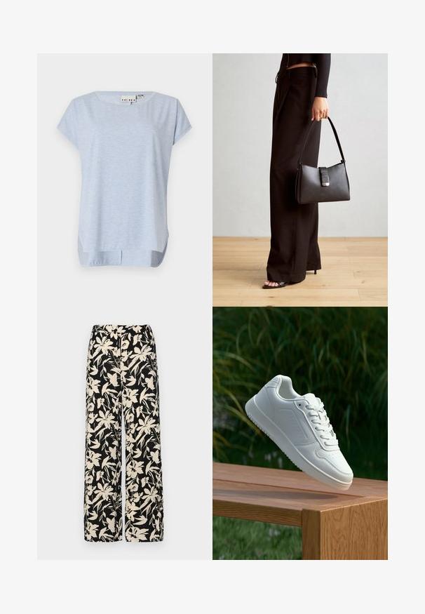 Gaiši zilas īsām piedurknēm tops, izgatavots no mīksta materiāla ar noapaļotu kakla izgriezumu un brīvu piegriezumu; apakšmalā ir sānu izgriezumi.; Melni platie bikses ar krēmkrāsas ziedu rakstu. Izgatavotas no viegla auduma, kuram ir gluda tekstūra un augsta jostasvietas daļa.; Baltie sporta apavi ar gludu sintētisku augšpusi, perforētu pirkstu daļu, plakani šņorēm un rakstainu zoli, novietoti uz koka virsmas.; Melnā somiņa ar strukturētu formu, gludu tekstūru un metālu sprādzi. Saskaņota ar platām melnām biksēm un sandālēm ar atvērtu purngalu uz koka grīdas.