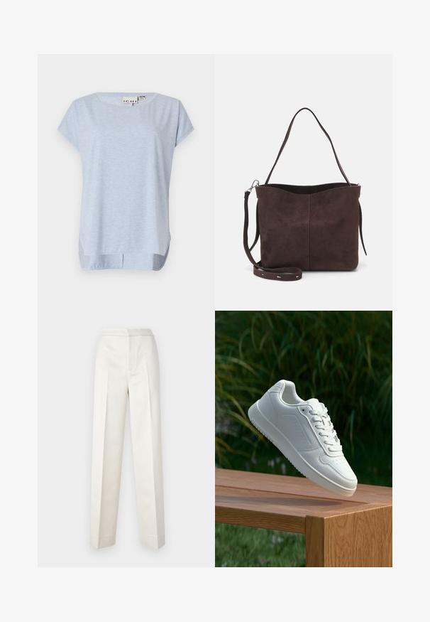 Top azul claro de manga curta feito de um tecido suave, com decote redondo e um corte descontraído; apresenta fendas laterais na barra.; Calças creme com um corte ajustado, apresentando perna reta, tecido suave, pregas frontais e barra limpa. Design minimalista.; Sapatilha branca com um cabedal sintético liso, caixa dos dedos perfurada, atacadores planos e uma sola texturizada, exposta sobre uma superfície de madeira.; Saco tote em camurça castanha com uma textura suave, apresentando uma única alça de ombro e uma abertura superior levemente curvada. Sem detalhes de hardware visíveis.