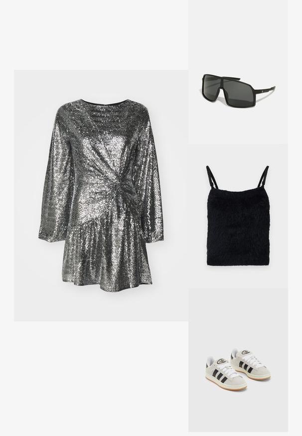 Must must kärgiga riidest pealispind, millel on õhukesed rihmad. Tekstuuriga pind, ruudukujuline kuju ja kerge disain. Lihtne, monokromaatiline värviskeem.; Hõbedane sädelev kleit pikade varrukatega, millel on keerdunud esiosa ja laienev seelik. Sile tekstuur peegeldava pinnaga.; Hallid hallid nahkrennid valgete paeltega, mustade triipudega ja valge kummitaldiga. Omab ümmargust logo keeles ja kummitalda.; Mustad prillid, millel on suur, nurkjas raam, tumedad läätsed ja õhukesed, voolujoonelised sanga, millel on ühel küljel väike logo.; Hõbedased rõngassüstid läikiva viimistlusega, millel on ümmargune disain ja sujuvad hinged, mis näitavad sileda tekstuuri.