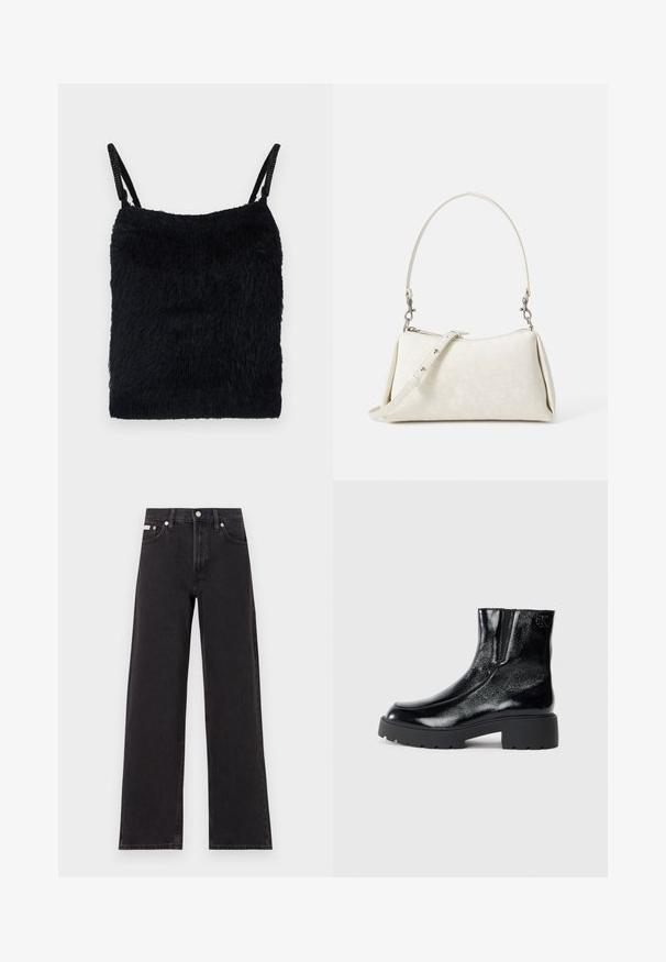 Črn puhast material, zgornji del z tankimi naramnicami. Teksturiirana površina, kvadratna oblika in lahka zasnova. Preprost, monokromatski barvni spekter.; Črne široke jeans hlače iz denima, s poudarjenim pasom, petimi žepi in kovinskim gumbom za zapiranje ter kontrastnim šivanjem.; Črne gležnarje z sijajnim patentiranim usnjem, debele črne gumijaste podplate in dvignjen petni del; vključujejo subtilen logotip na strani.; Bela torbica iz usnjene teksture, s kovatno silhueto in nastavljivim naramnicam. Ima subtilen vzorec logotipa in srebrne okrasne detajle.