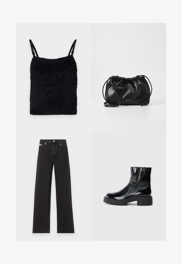 Must must kärgiga riidest pealispind, millel on õhukesed rihmad. Tekstuuriga pind, ruudukujuline kuju ja kerge disain. Lihtne, monokromaatiline värviskeem.; Mustad laiad mustad teksad, millel on kõrge vöökoht, viie tasku stiil ja metallist nööpkinnitus kontrastsete õmblustega.; Mustad mustad tossud läikiva patendi nahaga viimistlusega, jäme musta kummist tald ja kõrgendatud konts; sisaldab külgedel peent logodegust.; Mustmust mustkott, millel on kogutud kujundus, kahekordne nööriga sulgemine ja eemaldatav õlavarre rihm. Omab metallist logo detaile.