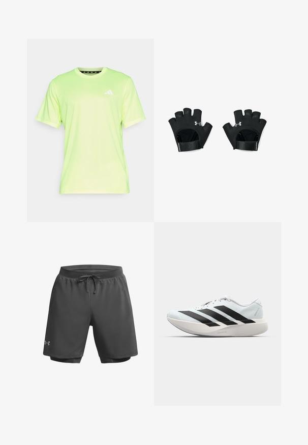 Lime green short-sleeve athletic shirt made from lightweight, breathable fabric, featuring a small white logo on the left chest.; Dark gray athletic shorts with an elastic waistband, adjustable drawstring, and inner mesh lining; features subtle branding on the left leg.; Lightweight running shoes in pale blue with black stripes. Features a smooth upper, round toe, and thick white midsole labeled "LIGHTSTRIKE PRO."; Black, fingerless workout gloves with adjustable wrist strap. Features textured grip and prominent logo on the back. Durable material.