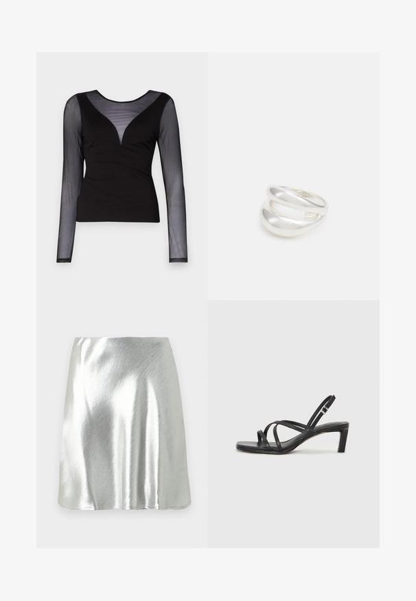 ONLY ONLBECKI BODYTOP - Top s dlhým rukávom - black; Strieborná metalická mini sukňa s hladkou textúrou a miernym leskom. Má zvonový tvar a jednoduchý, čistý lem.; Čierne sandále na vysokom podpätku so štvorcovou špičkou a nízkym blokovým podpätkom. Obsahujú viacero tenkých popruhov a nastaviteľný členkový popruh. Vyrobené z hladkej kože.; Strieborný prsteň s dvojitým pásikom s hladkým, lesklým povrchom. Má plynulý, zakrivený dizajn s prekryvajúcimi sa časťami pre moderný vzhľad.
