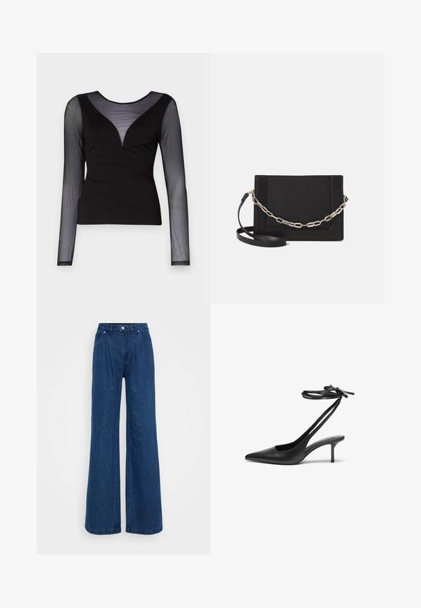 ONLY ONLBECKI BODYTOP - Pitkähihainen paita - black; Laivansiniset leveälahkeiset farkut korkealla vyötäröllä, edessä napit ja vetoketju, sekä etu- ja takataskut tasaisella taustalla.; Mustat nahkaiset stiletto-kengät, joissa on terävä kärki, avoin takaosa ja nilkkahihnat solmittuina rusetiksi. Kapea 3-tuumainen korko. Tasainen pinta, minimalistinen muotoilu.; Musta nahkainen olkalaukku, jossa on sileä pinta, suorakulmainen muoto ja metalliketju yksityiskohtana edessä. Mukana säädettävä hihna.; Hopeinen kaksinkertainen rengas, jossa on sileä, kiillotettu pinta. Siinä on sulava, kaareva muotoilu, jossa on päällekkäisiä osia modernin ilmeen saavuttamiseksi.