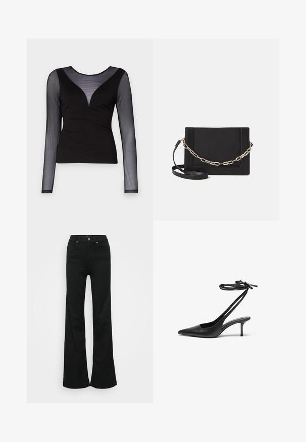 ONLY ONLBECKI BODYTOP - Langarmshirt - black; Schwarze, ausgestellte Jeans aus Denim, mit hoher Taille, fünf Taschen und Metallknopfverschluss. Glatte Textur mit minimaler Gestaltung.; Schwarzer Leder-Stiletto mit spitzem Zehenbereich, offenem Fersenbereich und mit einer Schleife gebundenen Knöchelriemen. Schlanker 3-Zoll-Absatz. Glatte Textur, minimalistisches Design.; Schwarze Leder-Crossbody-Tasche mit glatter Textur, rechteckiger Form und metallic-kettendetail auf der Vorderseite. Verstellbarer Gurt inklusive.; Silberner Doppelring mit einer glatten, polierten Oberfläche. Verfügt über ein fließendes, kurviges Design mit überlappenden Abschnitten für einen modernen Look.