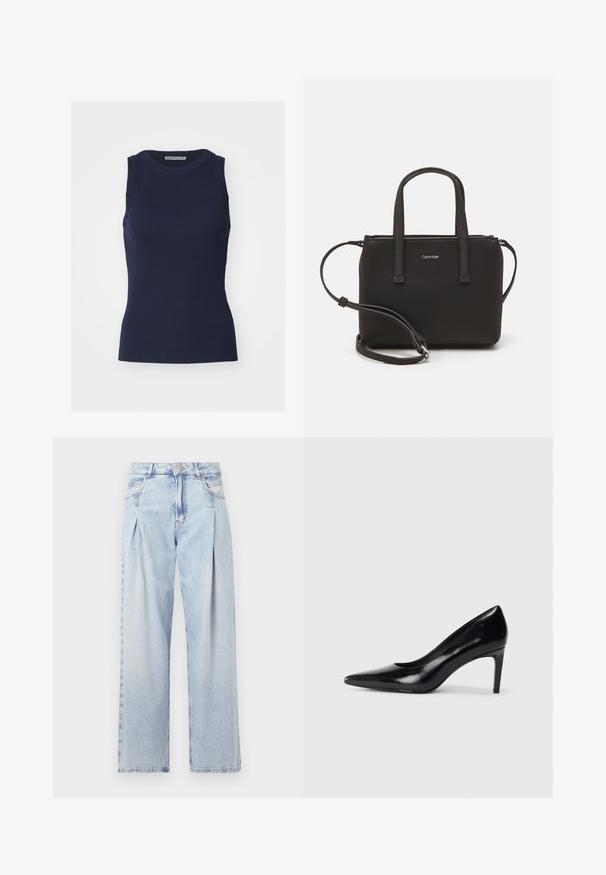 Mornarsko modra majica brez rokavov iz rebraste tkanine, z okroglim izrezom in oprijetim krojem. Preprost dizajn brez dodatnih okrasnih elementov.; Svjetloplave traperice visoko struka, širokog kroja, s dva bočna djepa i naboranim dizajnom. Mekana tekstura s izblijedjelim završetkom.; Črna usnjena črna čevlja na visokem petu z zašiljenim prstom, gladko teksturo in zoženim peto. Minimalističen dizajn, brez dodatnih okraskov.; Črna torbica z dvema kratkima ročajema in odstranljivim naramnim trakom. Gladek usnju podoben material z zadrgo in podrobnostmi z logotipom.