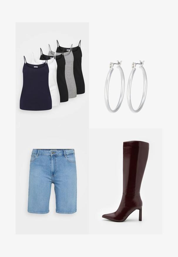 Five camisoles in navy, white, gray, black, and black, featuring thin adjustable straps and a fitted design made of smooth cotton material.; Light blue denim shorts with a classic cut, featuring a front button closure, belt loops, and two side pockets. Smooth texture and straight hem.; Even&Odd Boots - dark red; Silver hoop earrings with a smooth, polished finish. Round shape and secure click-top closure. Lightweight design suitable for everyday wear.