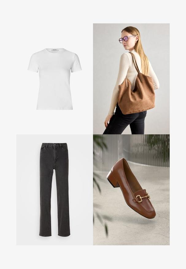 Bílý krátký rukáv tričko vyrobené z bavlny. Má klasický výstřih a přiléhavý střih s hladkým povrchem a bez viditelných vzorů.; Černé džíny z denimové látky se rovný střih, vysokým pasem, pěti kapsami a neviditelným zapínáním na knoflík. Materiál má mírnou strukturu a žádné viditelné vzory.; Hnědé lakované kožené mokasíny se čtveratou špičkou, kovovým řetízkovým akcentem a nízkým blokovým podpatkem; hladká textura, minimalistický design.; Hnědá semišová taška přes rameno se soft-touch texturou, velkým otvorem a dlouhými popruhy. Disponuje jednoduchým designem s viditelným šitím a bez kovových prvků.