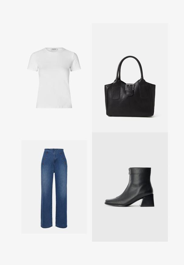 T-shirt blanc à manches courtes en coton. Il présente un col rond et une silhouette ajustée avec une texture lisse et sans motifs visibles.; Jeans en denim taille haute de couleur bleu moyen. Ils présentent des accents de boutons à l'avant et un design à jambes larges. Le tissu a une texture lisse avec un léger délavage.; Bottine en cuir noir avec un bout carré, fermeture éclair sur le côté et talon bloc sur fond clair uni.; Sac fourre-tout en cuir noir avec une texture lisse, une forme structurée, deux poignées et un détail en boucle argentée proéminent à l'avant.