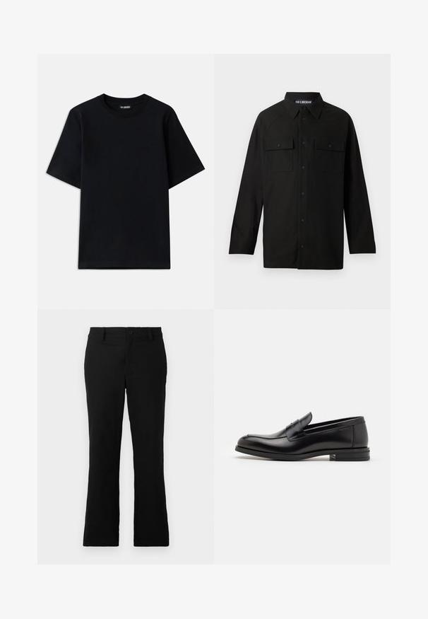 Čierne bavlnené tričko s okrúhlym výstrihom a krátkymi rukávmi. Má jemné výšivku loga na ľavej hrudi. Hladká, jemná textúra.; Čierna košeľa na gombíky s golierom, dlhými rukávmi, dvoma vreckami na hrudi s chlopňami a rovnými okrajmi. Vyrobená z hladkej tkaniny.; Čierne rozšírené nohavice z bavlnenej zmesi, s gombíkovým zapínaním, pútkami na opasok a hladkým povrchom bez viditeľných vzorov.; Čierne kožené mokasíny s hladkou textúrou, zaoblenou špičkou a dekoračným pásikom cez priehlavok. Nízky vrstvený opätok, minimalistický dizajn.