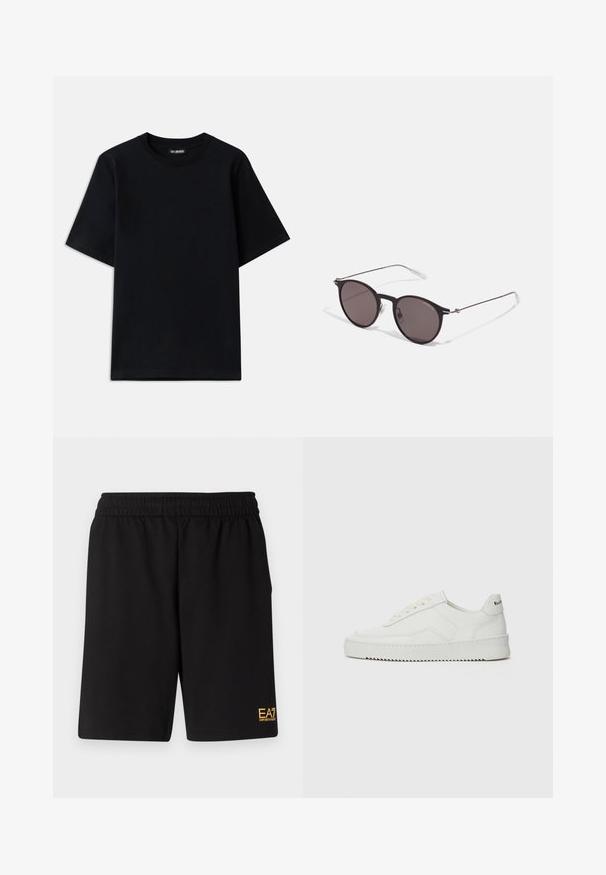 Fekete pamut póló klasszikus nyakkivágással és rövid ujjal. Diszkrét logó hímezve a bal mellen. Simább, sima felület.; Fekete sportnadrág puha anyagból, rugalmas derékkal és egy kis sárga EA7 logóval a bal alsó lábszáron.; Fehér bőr sportcipő sima felülettel, kerek orral, lapos fűzőkkel és texturált talppal. Finom logó található a sarokon.; Fekete kerek napszemüveg sötét lencsékkel és karcsú fém szárakkal. Átlátszó szárvégeket és ezüst részleteket tartalmaz az ívnél. Minimalista dizájn.