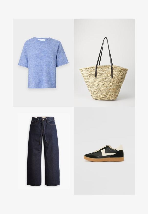 Pullover azul claro de manga curta, feito de um tecido macio e texturizado. Apresenta um decote redondo e um corte descontraído, com detalhes mínimos.; Calças de ganga de perna larga, em azul escuro, com uma cintura alta, apresentando um cordão, cinco bolsos e detalhes de costura em contraste.; Sapatilha em camurça e couro pretos com um swoosh lateral em creme e um calcanhar em creme claro. Apresenta atacadores bege e uma sola de borracha tipo gum.; Bolsa de palha trançada com uma forma larga e afilada, apresentando duas alças em couro preto. Cor bege natural com uma superfície texturizada.