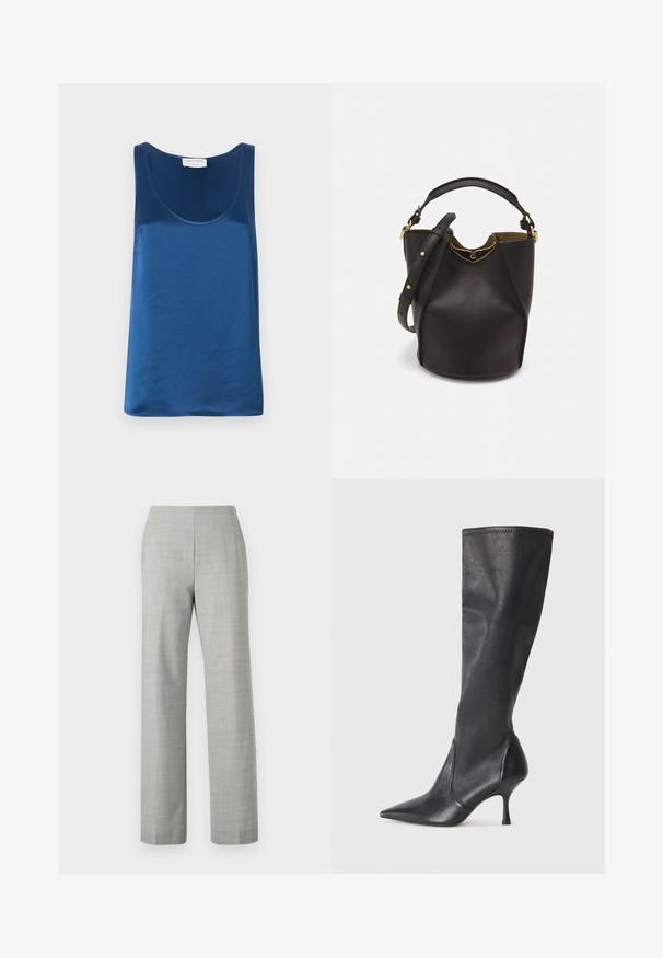 Zils satīna topiņš ar noapaļotu apkakli un platām plecu siksnām, gluda tekstūra un brīva piegriezuma forma.; Pelēkās pielāgotās bikses ar taisnu kāju dizainu, izgatavotas no teksturēta auduma. Pasvītro gluda josta un tīrs, minimālistisks dizains.; Ceļa auguma melni ādas zābaki ar smailu purngalu un šauru stiletto papēdi. Gluda tekstūra ar pieguļošu dizainu un izšuvumiem augšējā malā.; Melnas ādas spainīša somas ar teksturētu apdari, zelta metāla aksesuāriem un atvērtu augšu. Piedāvā īsu rokturi un regulējamu plecu siksnu.