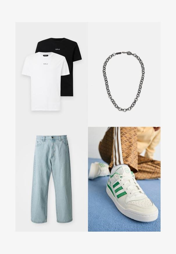 Dve bavlnené tričká, jedno biele a jedno čierne, každé s krátkym rukávom a okrúhlym výstrihom. Obe majú logo "REPLAY" v strede.; Svetlomodré džínsy s širokými nohavicami. Majú päť vreciek, predné zapínanie na gombík a zips a slabo ošúpanú textúru.; Biele tenisky so zelenými pruhmi, textúrovaná koža, perforovaný špičkový box a ploché šnúrky, umiestnené na modrom textúrovanom povrchu.; Kovová retiazka na krk s predĺženými článkami v tmavej gunmetalovej farbe. Obsahuje geometrický akcent a uzáver s detailom značky.